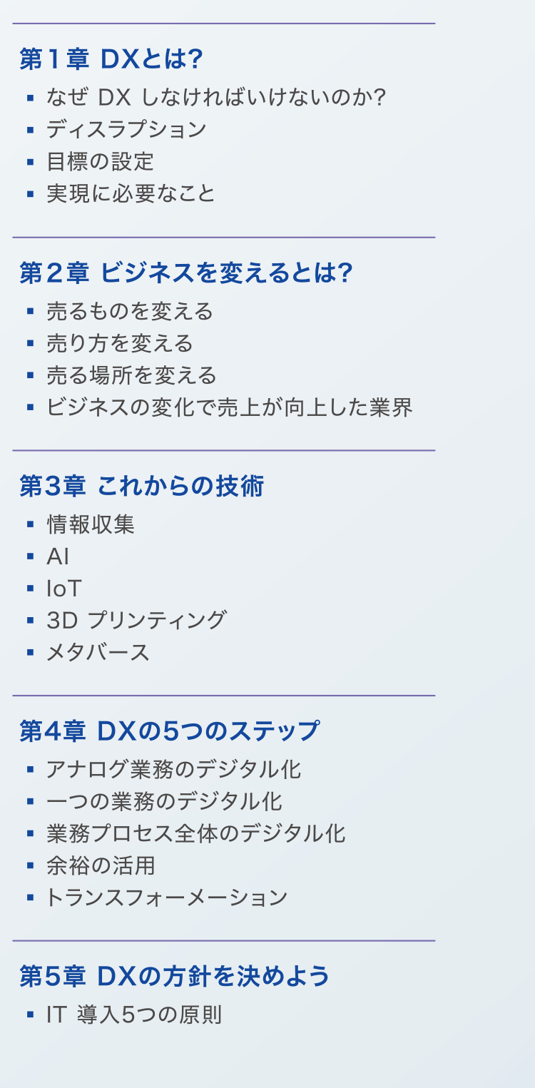 【第1章：DXとは？】
・なぜDXしなければいけないのか？
・ディスラプション
・目標の設定
・実現に必要なこと
【第2章：ビジネスを変えるとは？】
・売るものを変える
・売り方を変える
・売る場所を変える
・ビジネスの変化で売上が向上した業界
【第3章：これからの技術】
・情報収集
・AI
・IoT
・3Dプリンティング
・メタバース
【第4章：DXの5つのステップ】
・アナログ業務のデジタル化
・一つの業務のデジタル化
・業務プロセス全体のデジタル化
・余裕の活用
・トランスフォーメーション
【第5章：DXの方針を決めよう】
・IT導入5つの原則
