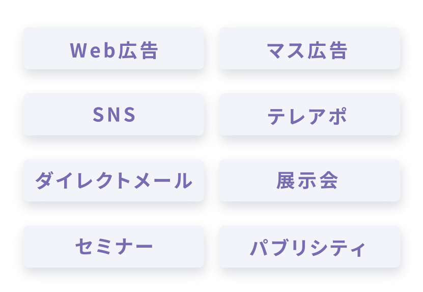 Web広告・マス広告・SNS・テレアポ・ダイレクトメール・展示会・セミナー・パブリシティ